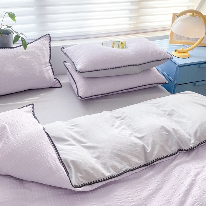 91家纺网 家纺一手货源 找家纺 羋多2024新款贝壳边雨泡泡棉泡泡纱双层纱四件套 香芋紫+雅士灰