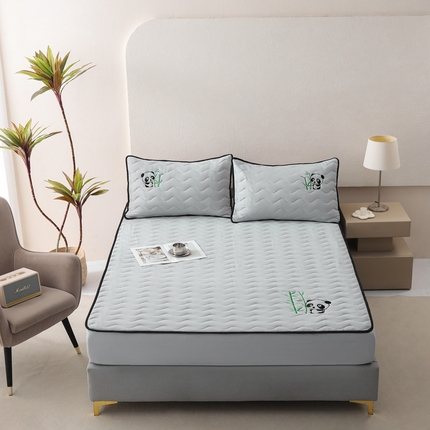 91家纺网 家纺一手货源 找家纺 恒尚居 2024新款熊猫刺绣水洗原棉大豆床笠-四季款 浅灰色