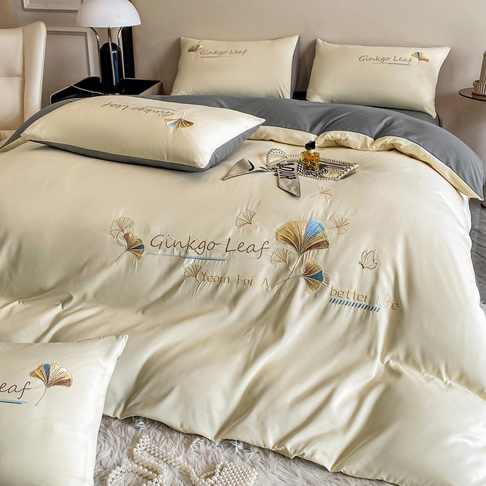 91家纺网 家纺一手货源 找家纺 孟鑫 2025新款水洗磨毛刺绣绣花四件套-三生有杏系列 米白