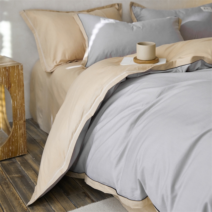 91家纺网 家纺一手货源 找家纺 启程家纺 2024新款全棉A类40支嵌绳包边款四件套 灰卡其