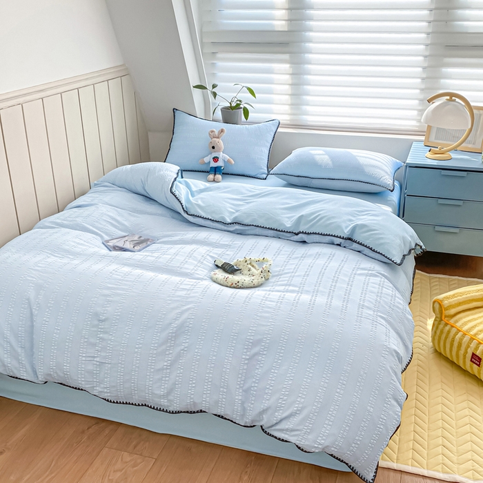 91家纺网 家纺一手货源 找家纺 羋多2024新款贝壳边雨泡泡棉泡泡纱双层纱四件套 天空蓝