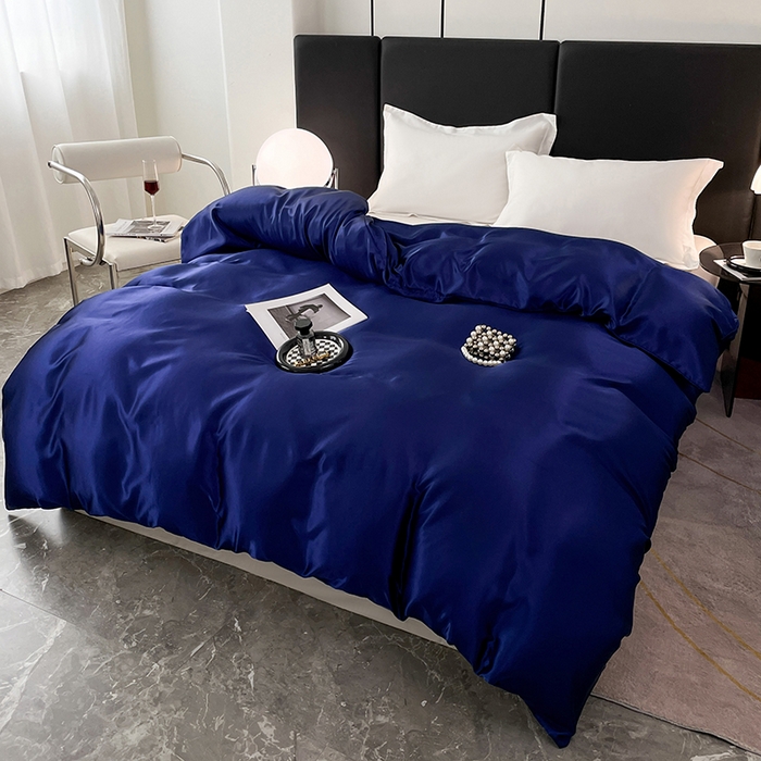 91家纺网 家纺一手货源 找家纺 梦舒羽 2025新款可水洗冰丝被套双人床被套带同款床单床笠四件套 深海蓝