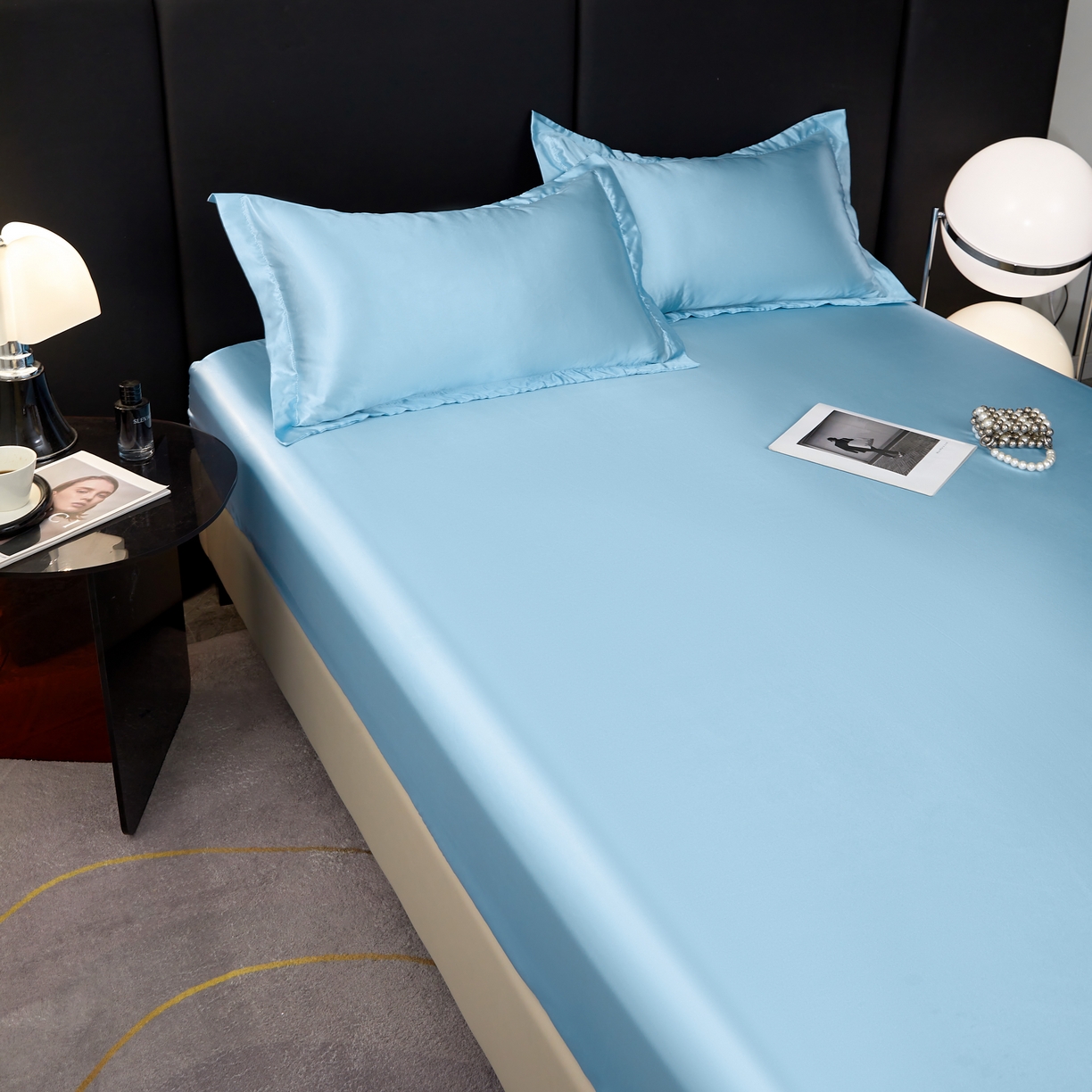 91家纺网 家纺一手货源 找家纺 梦舒羽 2025新款可水洗冰丝床垫保护套床笠三件套 天空蓝