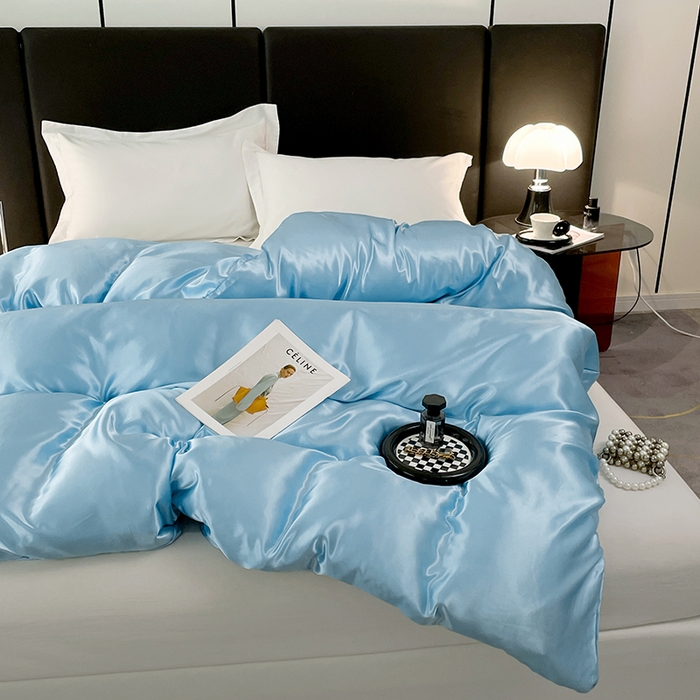 91家纺网 家纺一手货源 找家纺 梦舒羽 2025新款可水洗冰丝被套双人床被套带同款床单床笠四件套 天空蓝