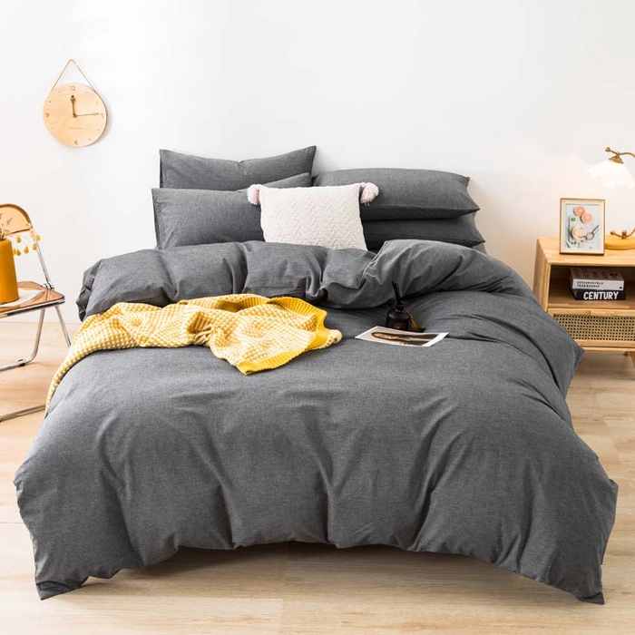 91家纺网 家纺一手货源 找家纺 柠萌家居 2024新款A类全棉色织水洗棉无印风四件套 深灰