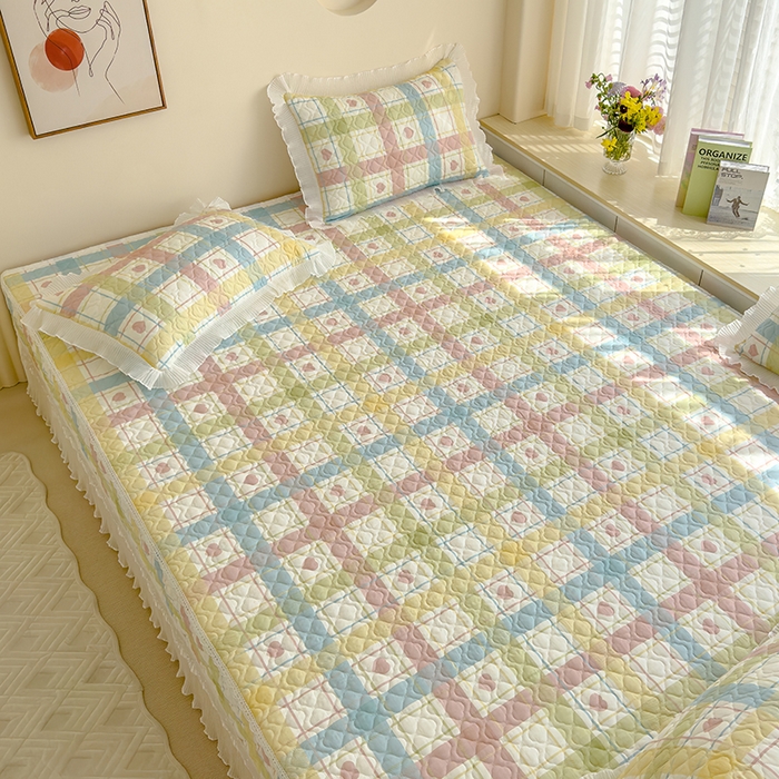 91家纺网 家纺一手货源 找家纺 冬然 2023新款全棉防滑榻榻米垫子炕垫纯棉床盖夹棉床单纯棉床单 爱心格粉