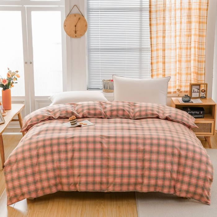 91家纺网 家纺一手货源 找家纺 柠萌家居 2024新款A类全棉色织水洗棉无印风四件套 芳华粉