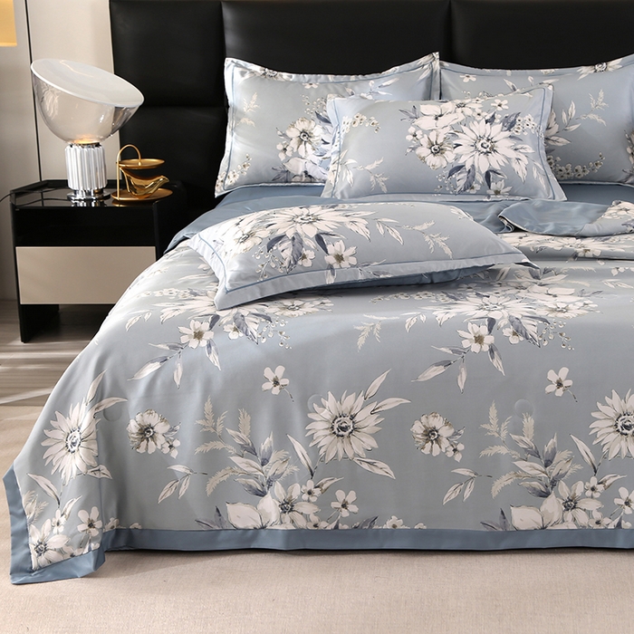 91家纺网 家纺一手货源 找家纺 梦莱斯 2024新款拼角宽边水洗天丝夏被四件套 花悦吟兰