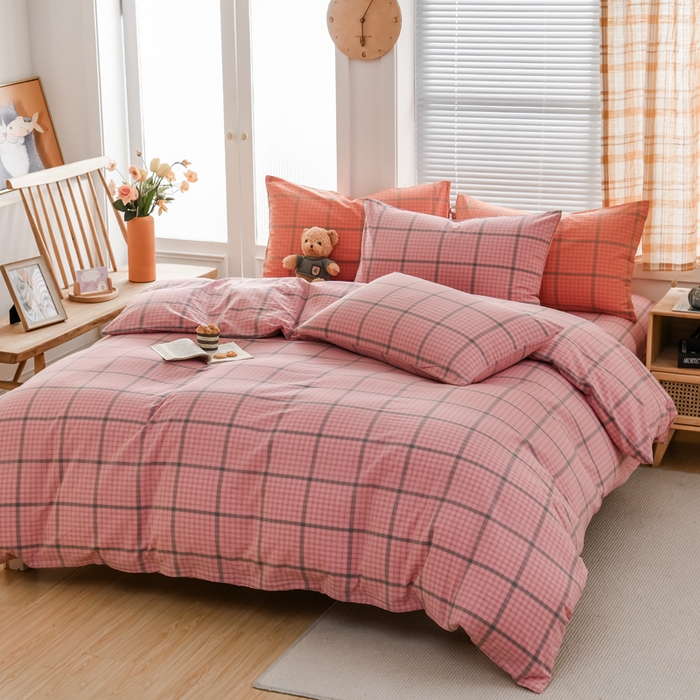 91家纺网 家纺一手货源 找家纺 柠萌家居 2024新款A类全棉色织水洗棉无印风四件套 瓦尔粉