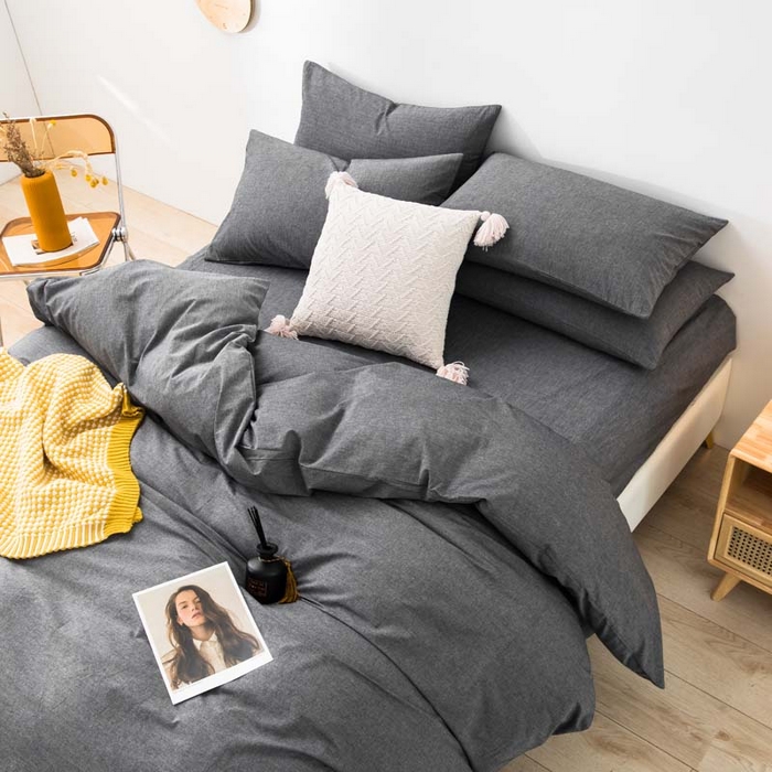 91家纺网 家纺一手货源 找家纺 柠萌家居 2024新款A类全棉色织水洗棉无印风四件套 深灰