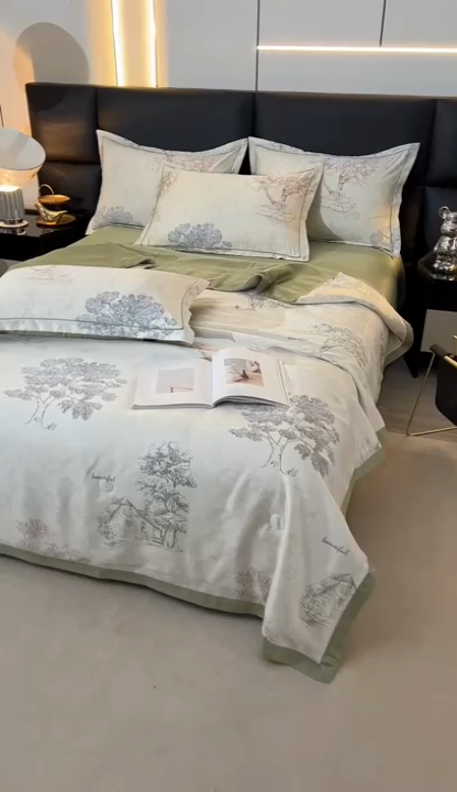 91家纺网 家纺一手货源 找家纺 梦莱斯 2024新款拼角宽边水洗天丝夏被四件套 锦瑞-米黄