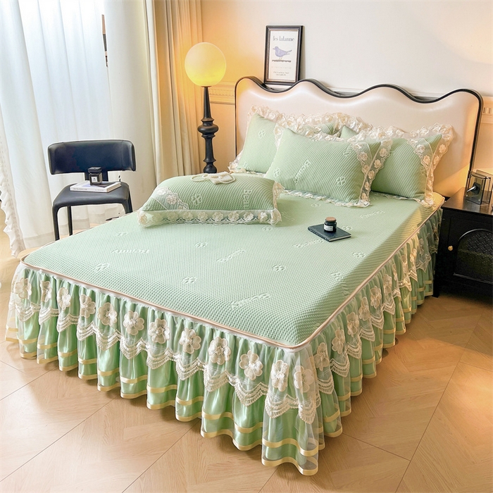 91家纺网 家纺一手货源 找家纺 虹星家纺 2024新款A类冰感凉豆豆可拆卸床裙席三件套 青果绿