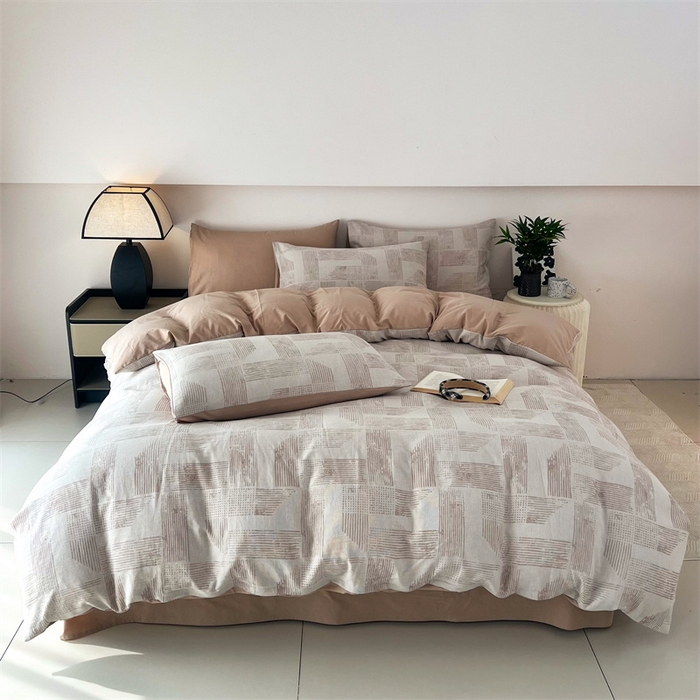 91家纺网 家纺一手货源 找家纺 HL原创 2024新款原创双层纱提花四件套 几何-咖