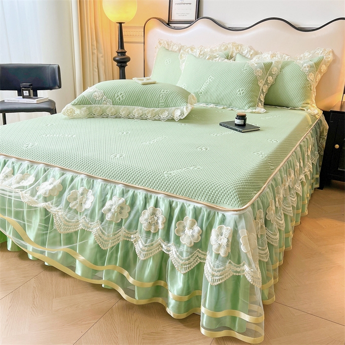 91家纺网 家纺一手货源 找家纺 虹星家纺 2024新款A类冰感凉豆豆可拆卸床裙席三件套 青果绿