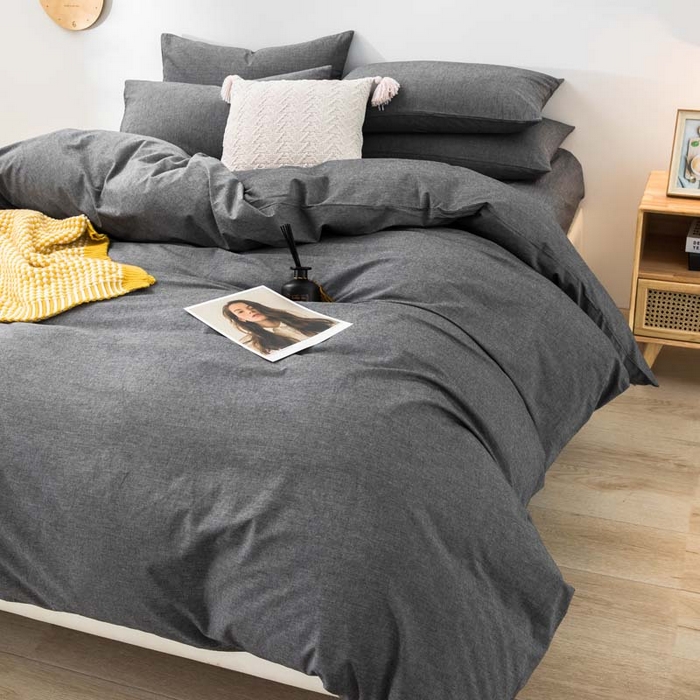 91家纺网 家纺一手货源 找家纺 柠萌家居 2024新款A类全棉色织水洗棉无印风四件套 深灰