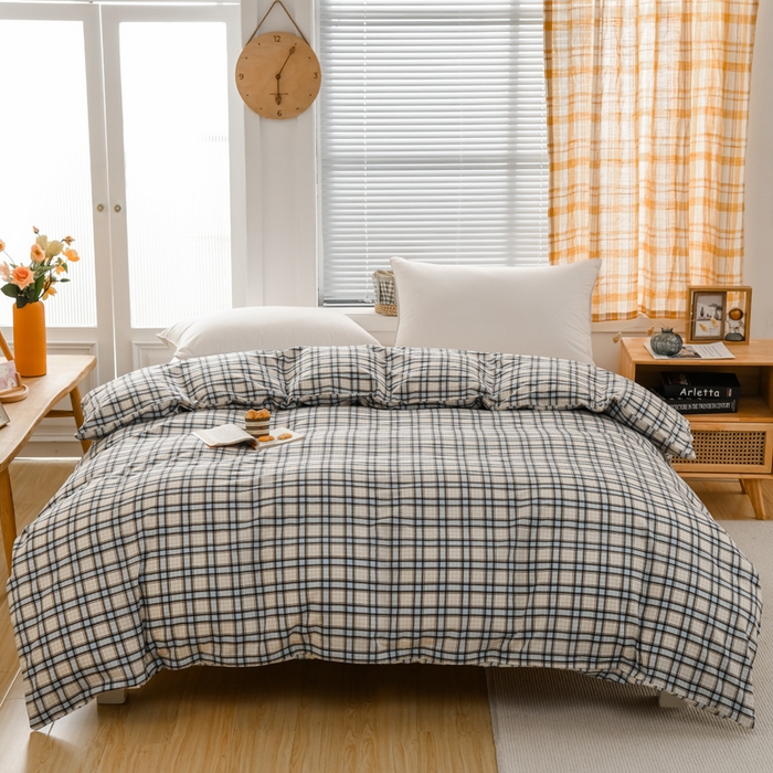 91家纺网 家纺一手货源 找家纺 柠萌家居 2024新款A类全棉色织水洗棉无印风四件套 里约蓝