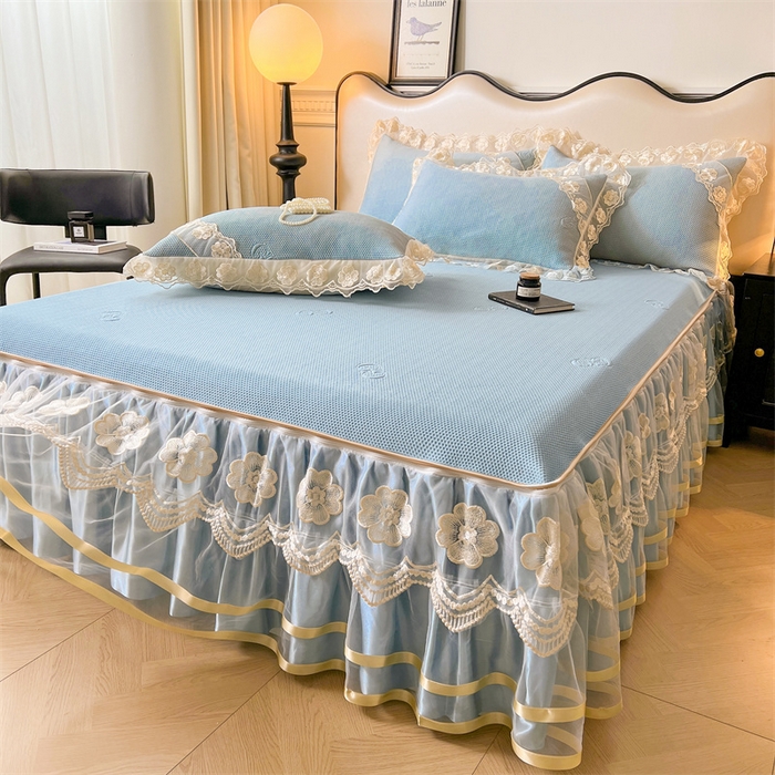 91家纺网 家纺一手货源 找家纺 虹星家纺 2024新款A类冰感凉豆豆可拆卸床裙席三件套 宝石蓝