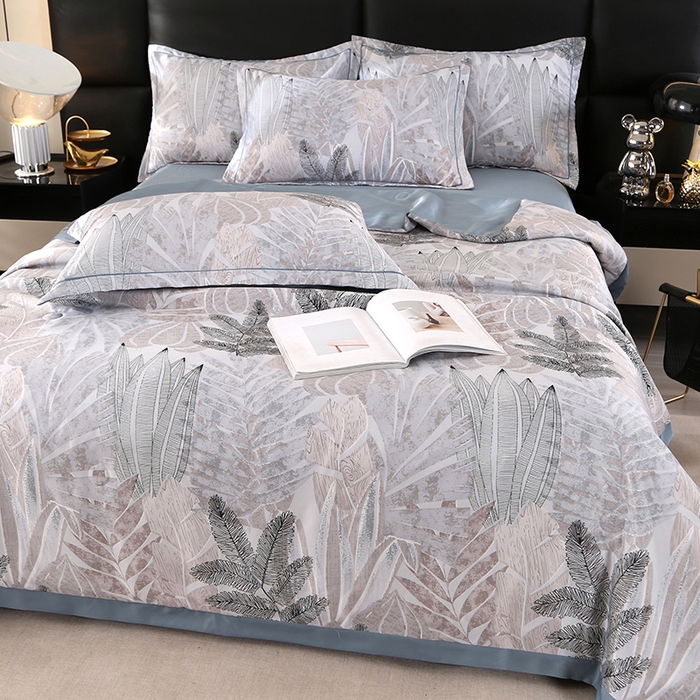 91家纺网 家纺一手货源 找家纺 梦莱斯 2024新款拼角宽边水洗天丝夏被四件套 初禾灰