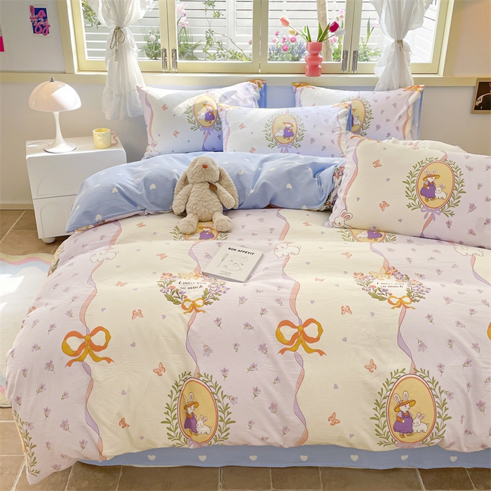 91家纺网 家纺一手货源 找家纺 盛秋家纺 2026新款水洗棉印花四件套-卡通系列 爱丽丝+蓝爱心