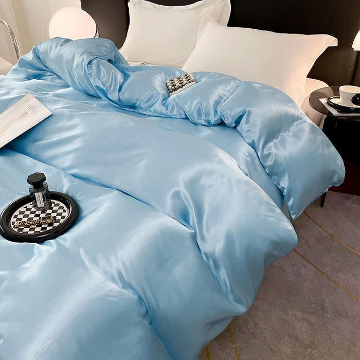 91家纺网 家纺一手货源 找家纺 梦舒羽 2025新款可水洗冰丝被套双人床被套带同款床单床笠四件套 天空蓝