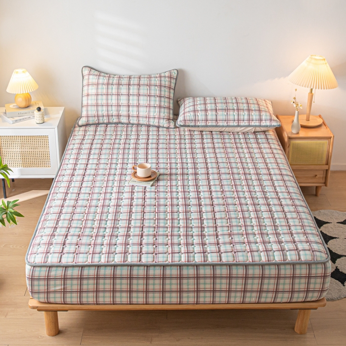 91家纺网 家纺一手货源 找家纺 鑫钰 2024新款无印风水洗棉水洗亲肤大豆夹棉床笠-简格 简格-格调咖