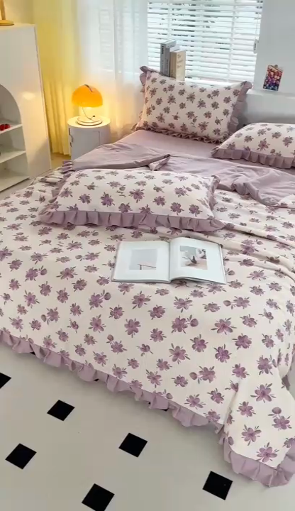 91家纺网 家纺一手货源 找家纺 梦莱斯 2024新款时尚舒适泡泡棉夏被四件套 小苍兰