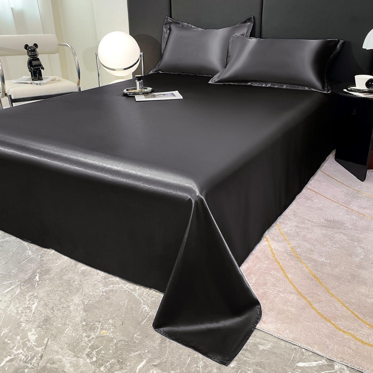 91家纺网 家纺一手货源 找家纺 梦舒羽 2025新款可水洗冰丝床垫保护罩防尘床单三件套 尊贵黑