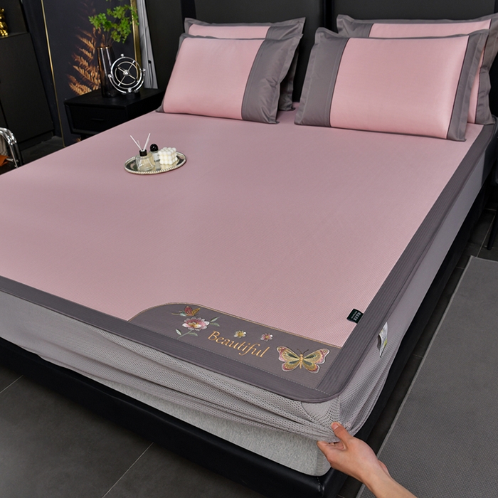 91家纺网 家纺一手货源 找家纺 简一 2024新款A类抗菌冰丝席--床笠款 蝶恋花抗菌席粉床笠