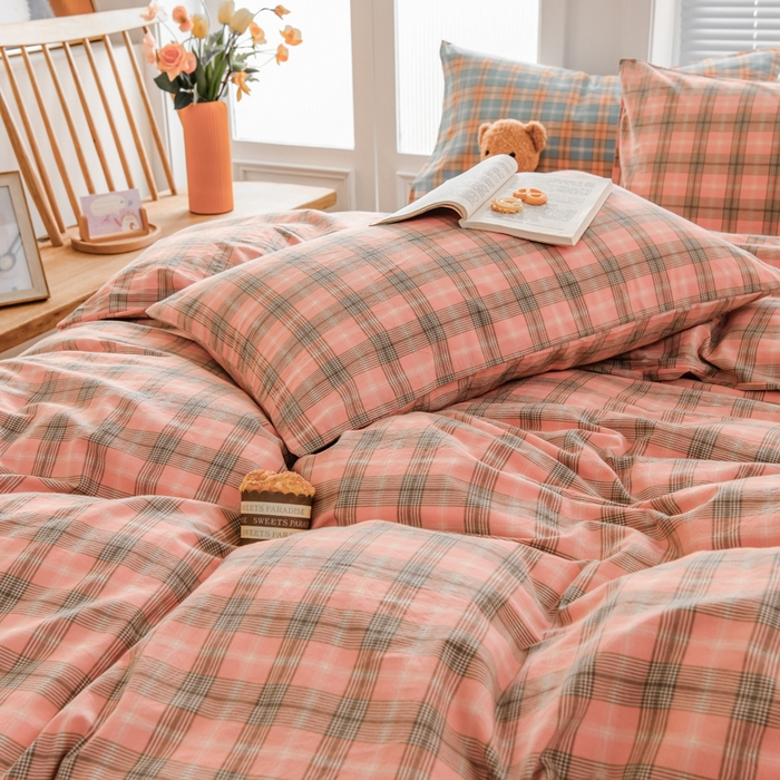 91家纺网 家纺一手货源 找家纺 柠萌家居 2024新款A类全棉色织水洗棉无印风四件套 芳华粉