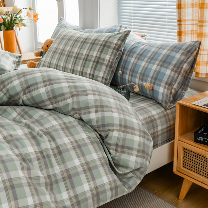 91家纺网 家纺一手货源 找家纺 柠萌家居 2024新款A类全棉色织水洗棉无印风四件套 遇见绿格