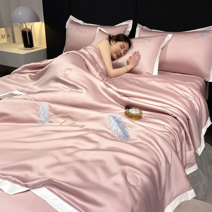 91家纺网 家纺一手货源 找家纺 如一 2024新款丝羽系列水洗冰丝夏被四件套 丝羽-奶油粉