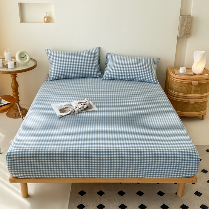 91家纺网 家纺一手货源 找家纺 寐眠 2024新款全棉水洗棉床单床笠单品-单床笠 蓝小格