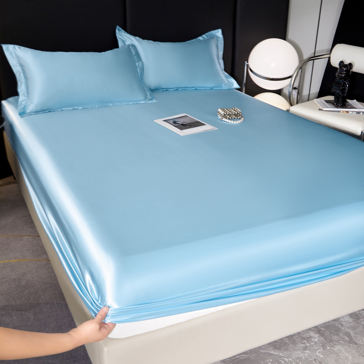 91家纺网 家纺一手货源 找家纺 梦舒羽 2025新款可水洗冰丝床垫保护套床笠三件套 天空蓝