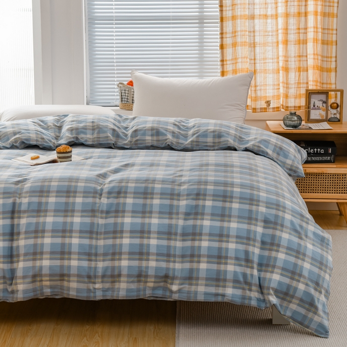 91家纺网 家纺一手货源 找家纺 柠萌家居 2024新款A类全棉色织水洗棉无印风四件套 遇见兰格