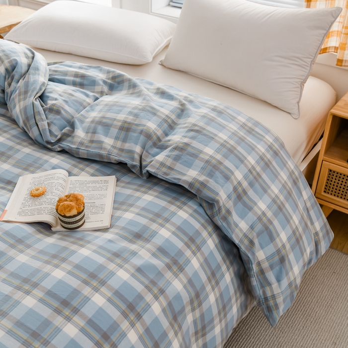 91家纺网 家纺一手货源 找家纺 柠萌家居 2024新款A类全棉色织水洗棉无印风四件套 遇见兰格