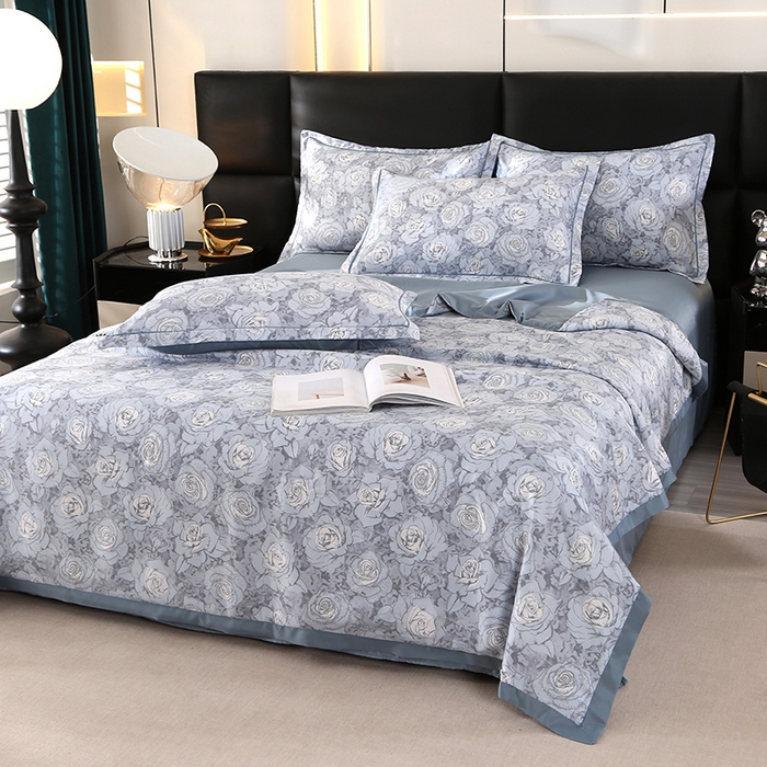 91家纺网 家纺一手货源 找家纺 梦莱斯 2024新款拼角宽边水洗天丝夏被四件套 玫瑰灰