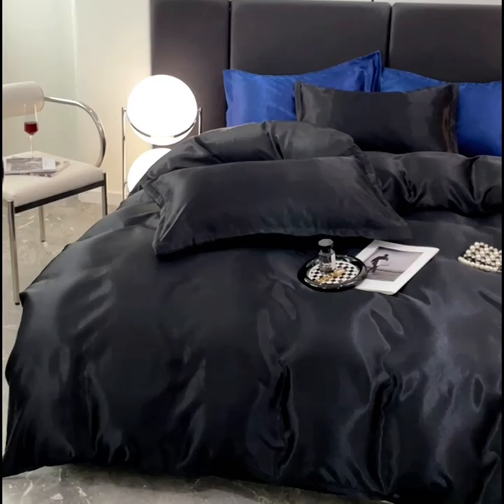 91家纺网 家纺一手货源 找家纺 梦舒羽 2025新款可水洗冰丝被套床单枕套夏季四件套 尊贵黑