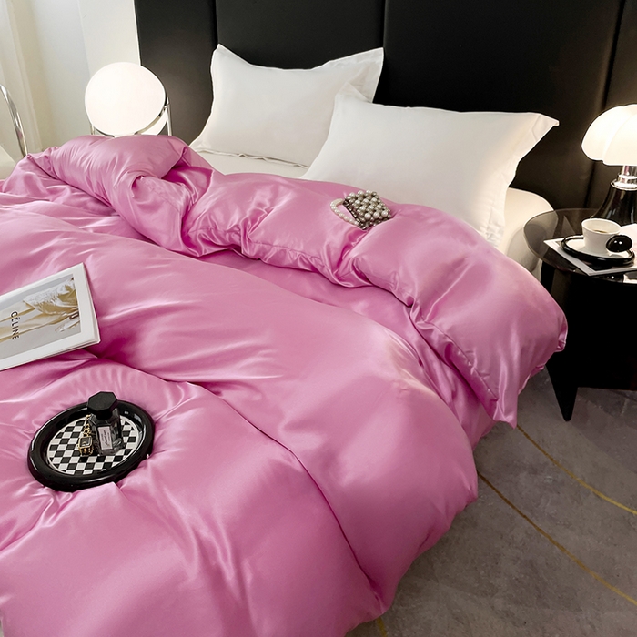 91家纺网 家纺一手货源 找家纺 梦舒羽 2025新款可水洗冰丝被套双人床被套带同款床单床笠四件套 粉色