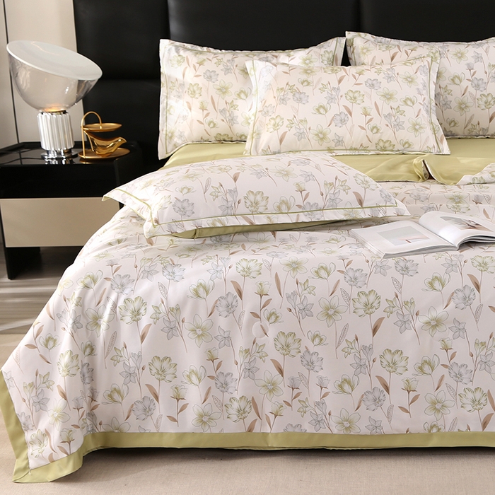 91家纺网 家纺一手货源 找家纺 梦莱斯 2024新款拼角宽边水洗天丝夏被四件套 清晨浅绿