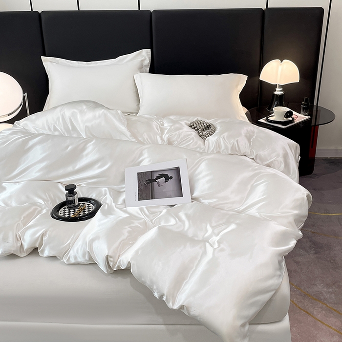 91家纺网 家纺一手货源 找家纺 梦舒羽 2025新款可水洗冰丝被套双人床被套带同款床单床笠四件套 光洁白