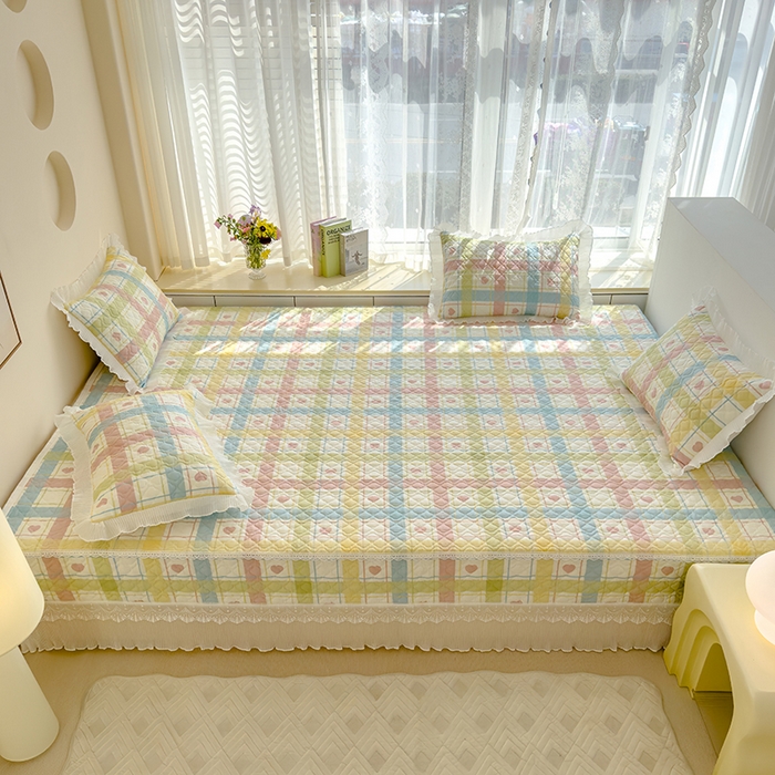 91家纺网 家纺一手货源 找家纺 冬然 2023新款全棉防滑榻榻米垫子炕垫纯棉床盖夹棉床单纯棉床单 爱心格粉