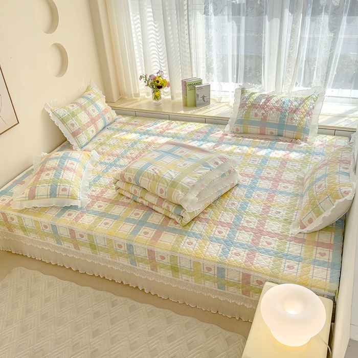 91家纺网 家纺一手货源 找家纺 冬然 2023新款全棉防滑榻榻米垫子炕垫纯棉床盖夹棉床单纯棉床单 爱心格粉