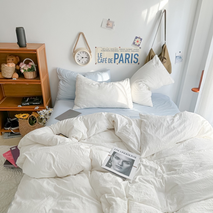 91家纺网 家纺一手货源 找家纺 易辰美 2024新款混搭超柔水洗棉四件套 奶白+浅兰