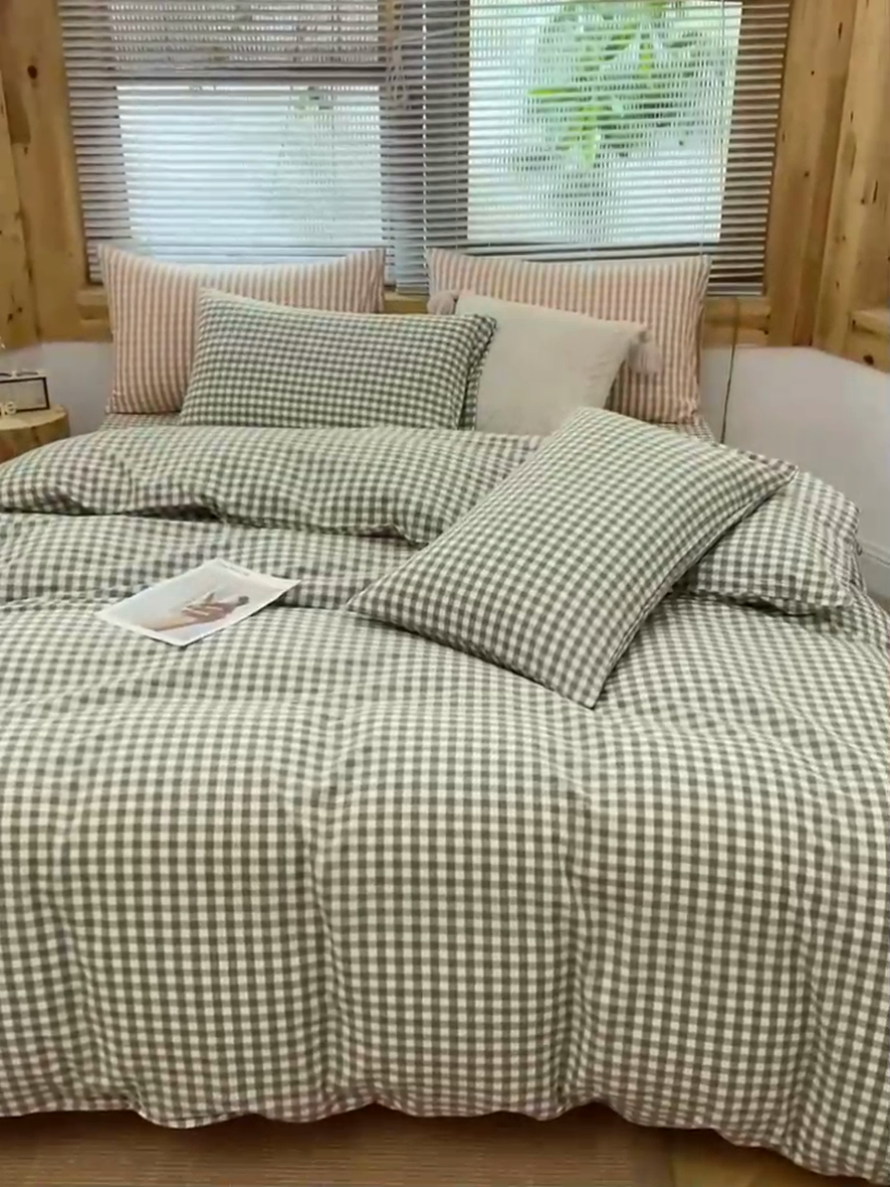 91家纺网 家纺一手货源 找家纺 柠萌家居 2024新款A类全棉色织水洗棉无印风四件套 小绿格