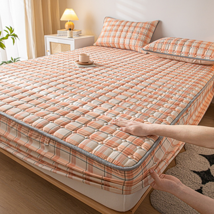 91家纺网 家纺一手货源 找家纺 鑫钰 2024新款无印风水洗棉水洗亲肤大豆夹棉床笠-简格 简格-格调橙