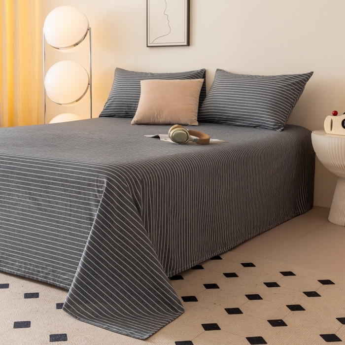 91家纺网 家纺一手货源 找家纺 寐眠 2024新款全棉水洗棉床单床笠单品-单床单 灰细条