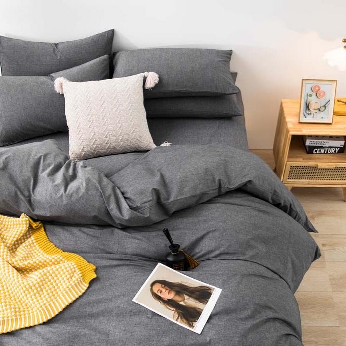 91家纺网 家纺一手货源 找家纺 柠萌家居 2024新款A类全棉色织水洗棉无印风四件套 深灰