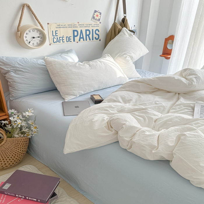 91家纺网 家纺一手货源 找家纺 易辰美 2024新款混搭超柔水洗棉四件套 奶白+浅兰