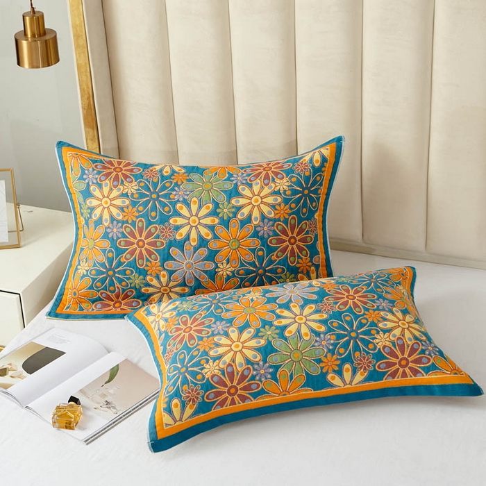 91家纺网 家纺一手货源 找家纺 朴尔-2024全棉四层纱布色织提花宽边时尚枕巾系列52*78一对 繁花似锦-蓝