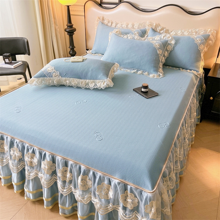 91家纺网 家纺一手货源 找家纺 虹星家纺 2024新款A类冰感凉豆豆可拆卸床裙席三件套 宝石蓝